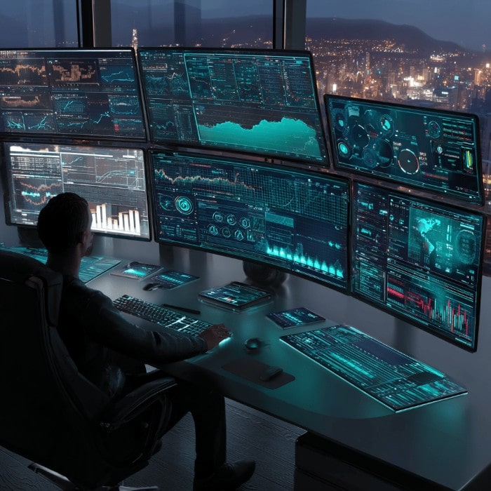Futuristic financial trader analyzing shifting alpha sources across Forex and crypto markets